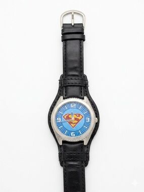 Vintage Superman DC Comics Wristwatch Warner Bros Blue Dial Leather Band